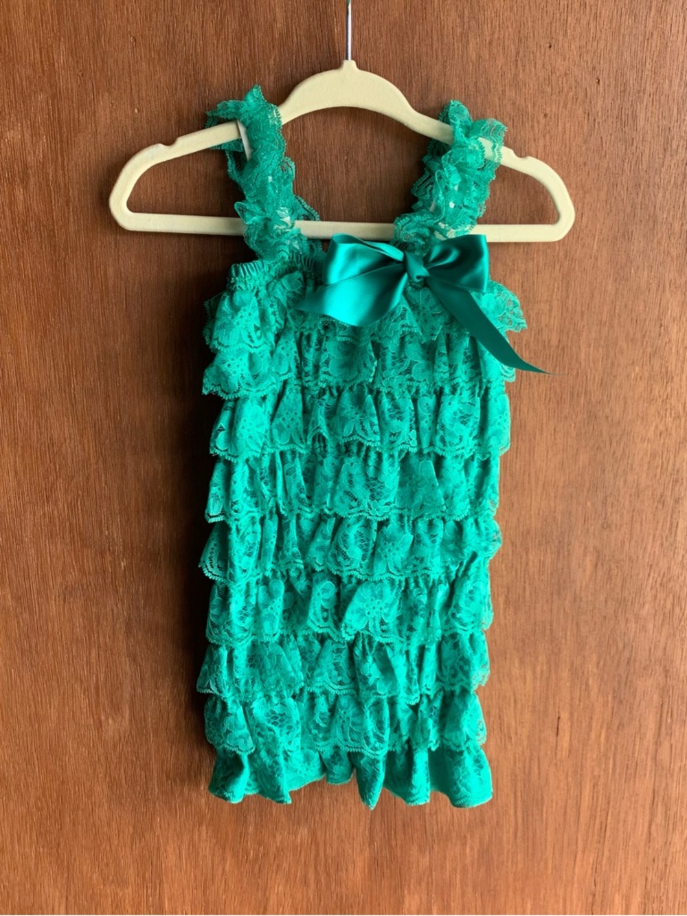 Green Lace Ruffle Romper with Satin Bow